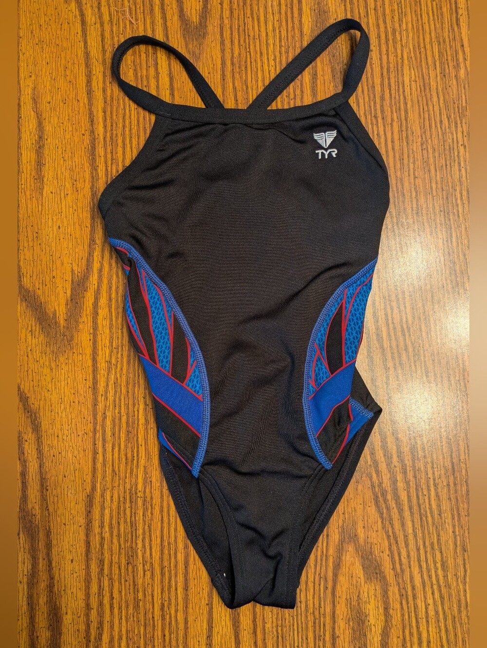 TYR NWOT Black One-Piece Swimsuit with Blue & Red Accents Sz 24